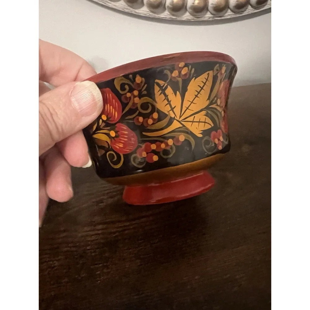 Vintage Russian Khokhloma Wooden Sugar Bowl w Lid Spoon & 2 Bowls Hand Painted